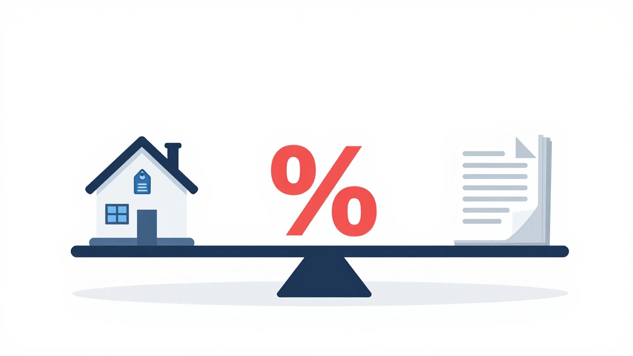 Illustration of a balance scale weighing a house against student loan debt.