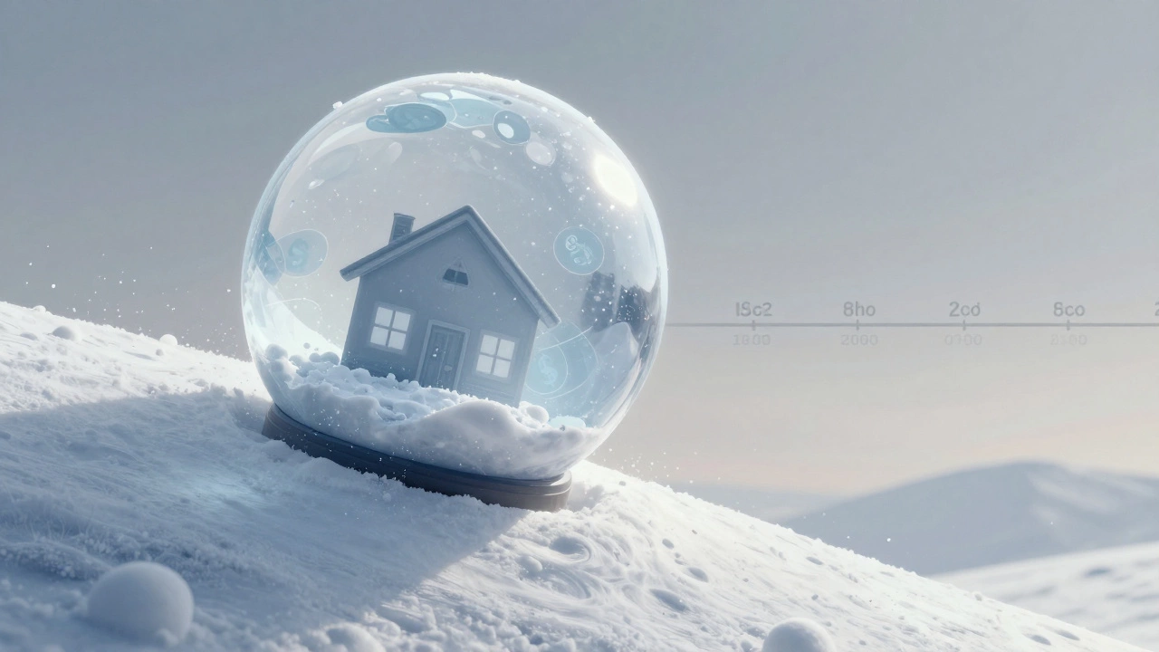 Illustration of a growing snowball containing house icons, symbolizing compound interest debt.