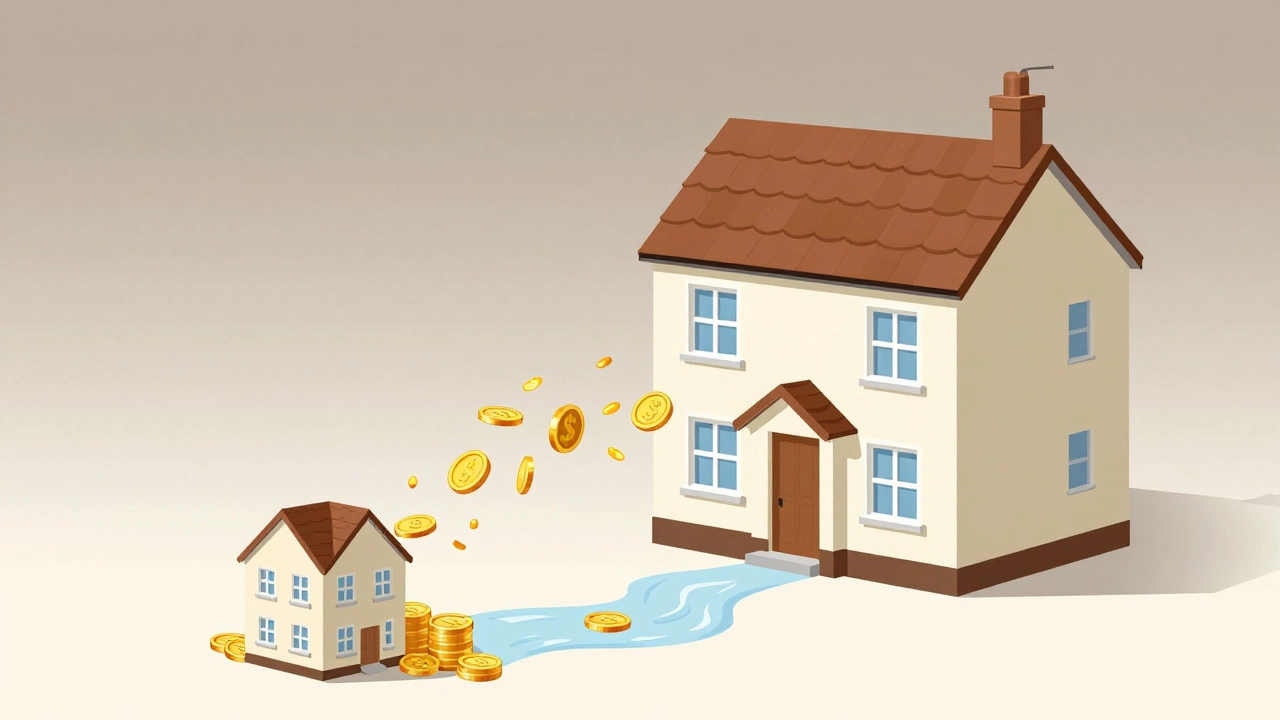 Illustration of downsizing from a large house to a flat for cash