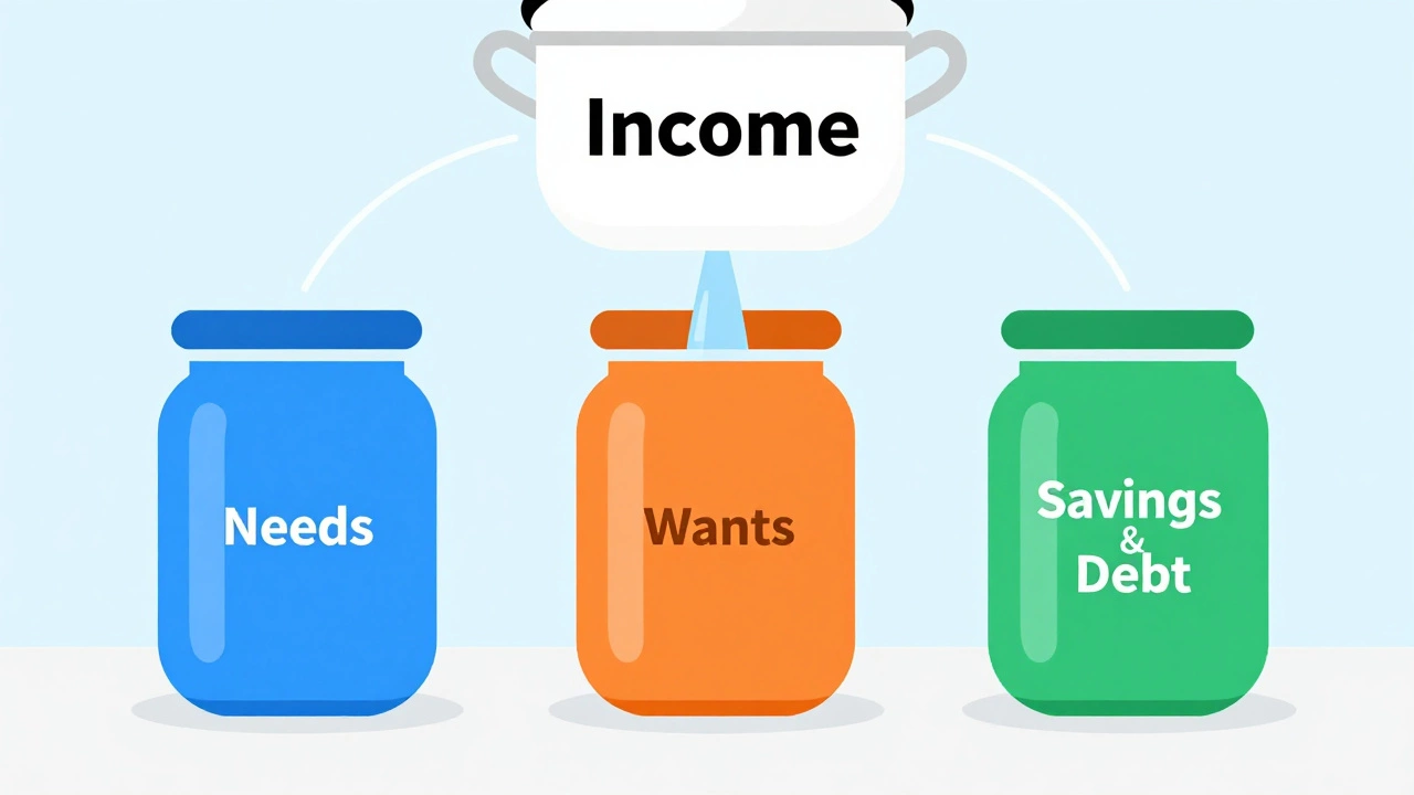 Illustration of income being divided into needs, wants, and savings jars