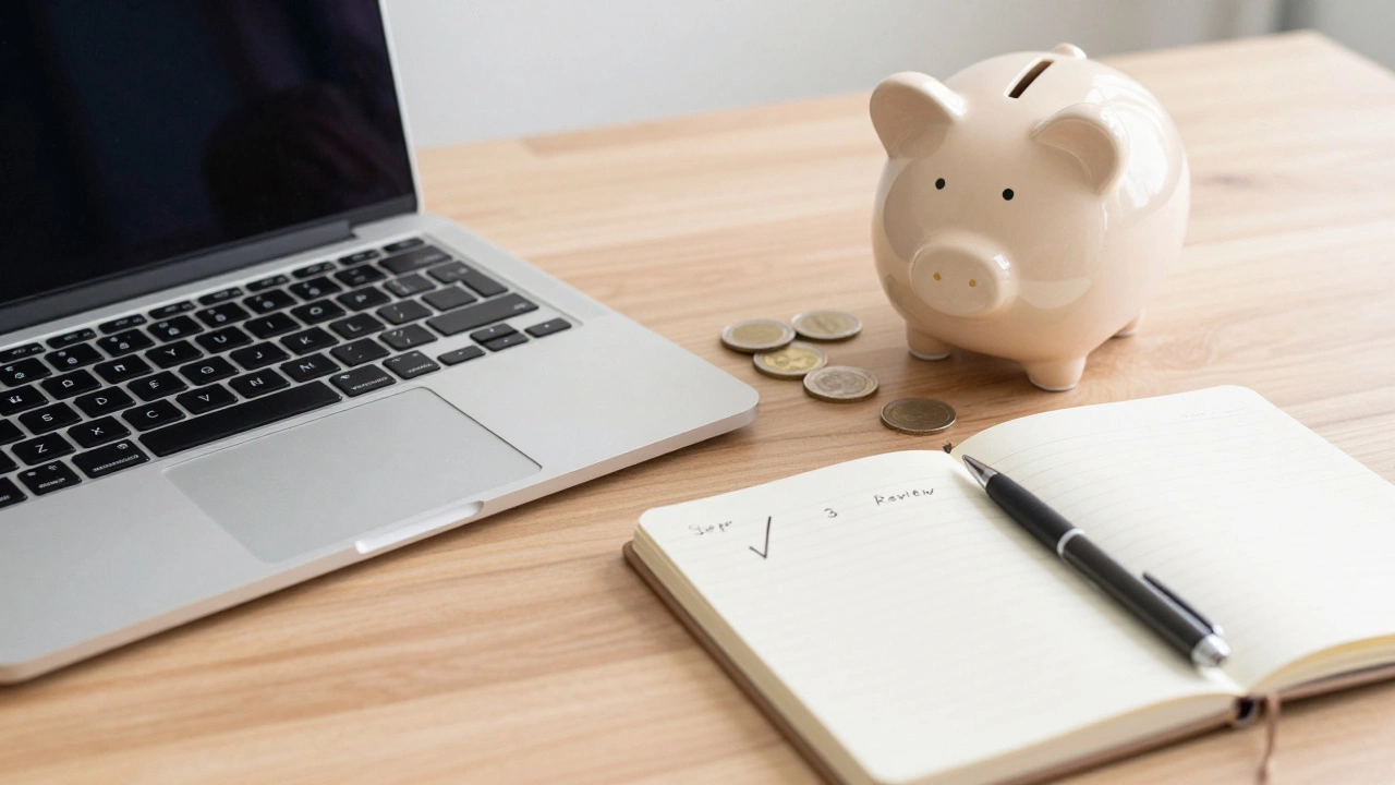 Peaceful desk scene with notebook and piggy bank symbolizing easy budgeting