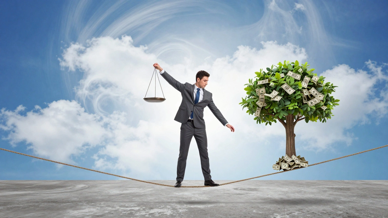 Person balancing scales and money tree representing universal life