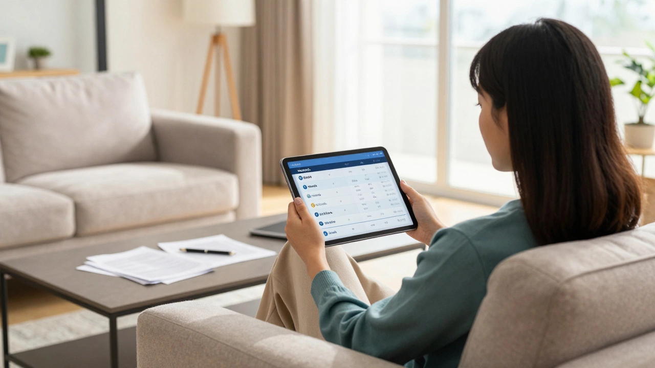 Person relaxing at home while reviewing banking options on a tablet device.