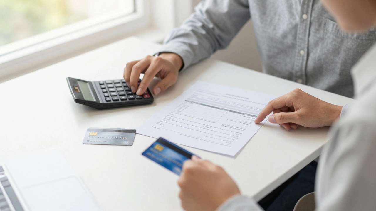 Person strategically managing credit cards and reports at a desk