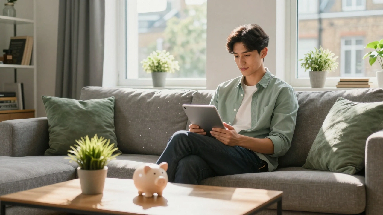 Relaxed person reviewing finances on a tablet in a sunny apartment