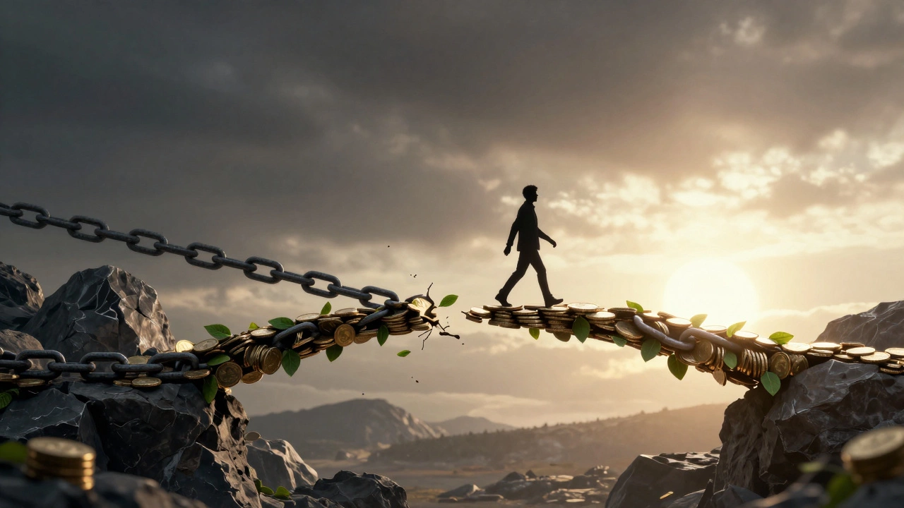 Symbolic bridge transforming debt chains into financial stability and growth