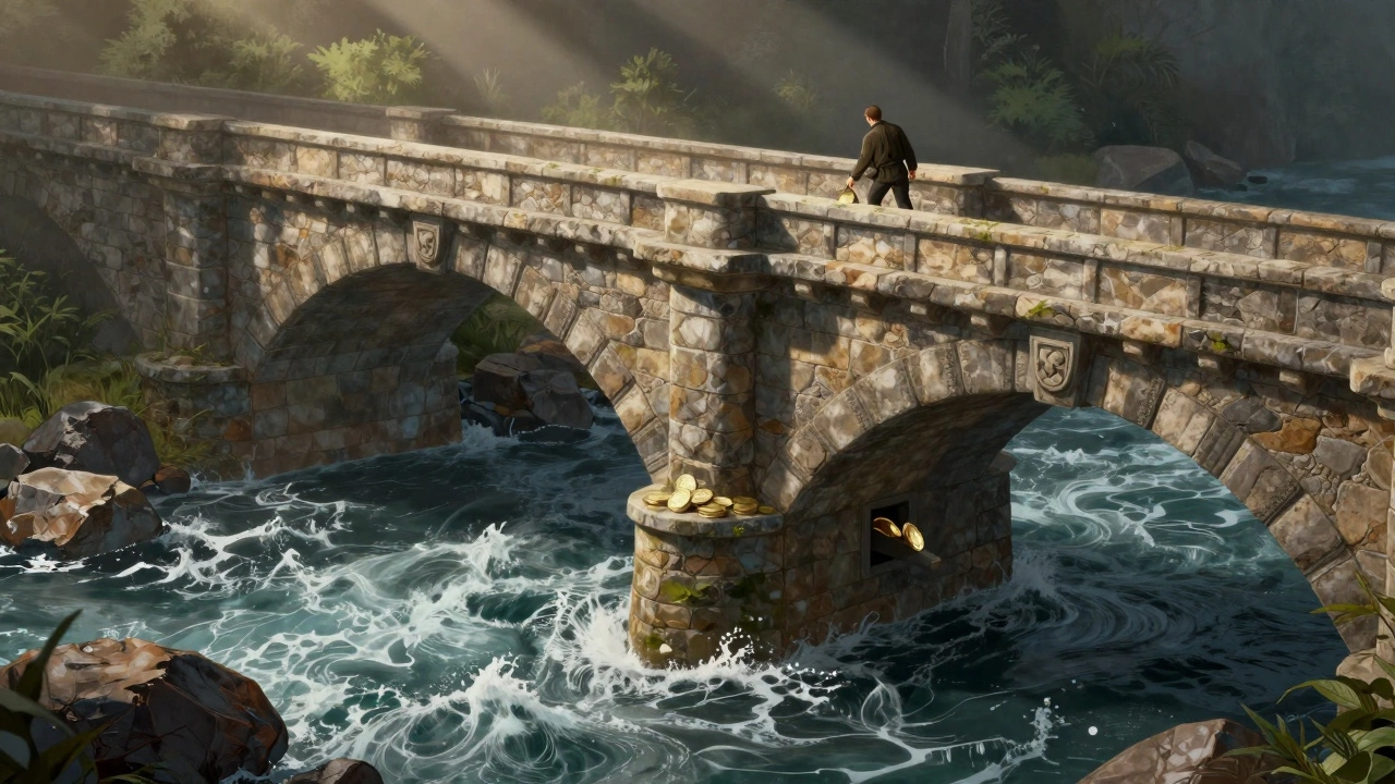 A sturdy bridge over turbulent water symbolizing investment safety margin