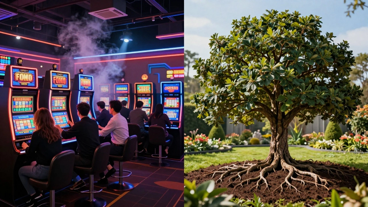 Contrast between chaotic casino gambling and steady growing oak tree
