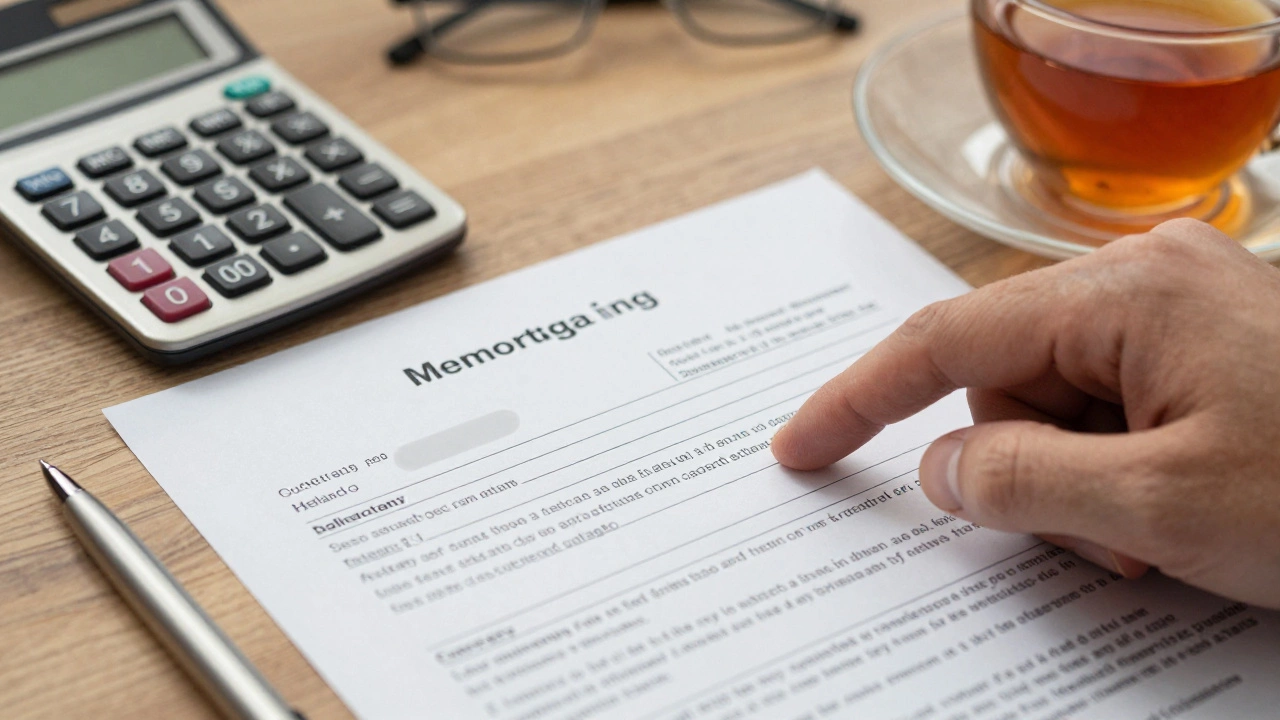 Desk scene with mortgage documents and calculator for cost analysis