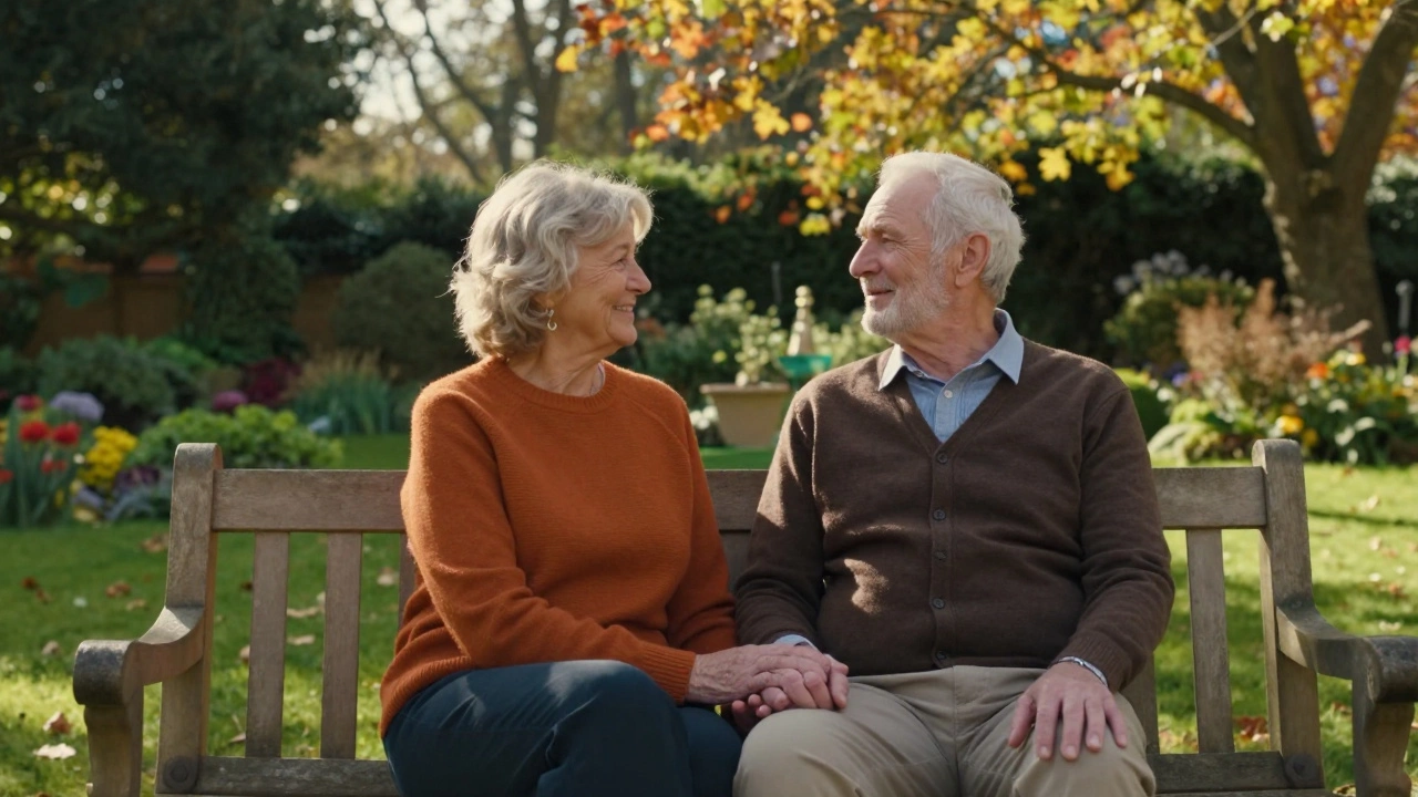 Elderly couple relaxing in a sunny English garden, symbolizing secure retirement.