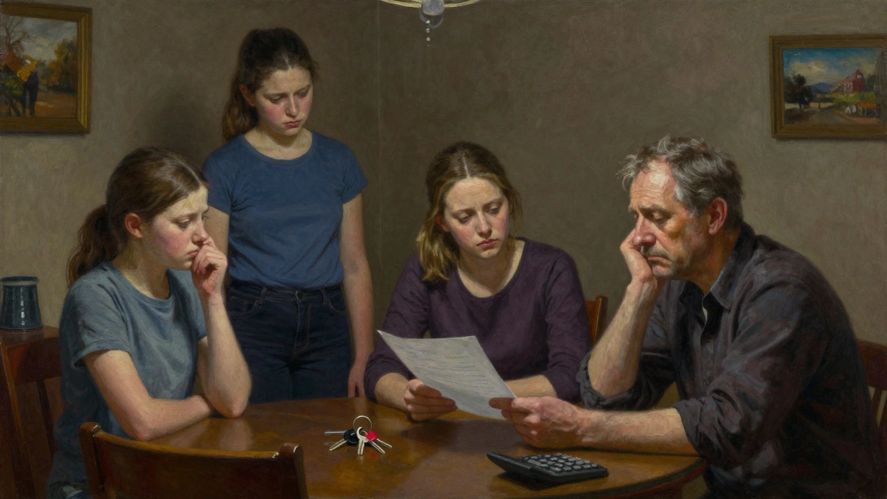 Family members arguing over inheritance and property deeds during a tense household meeting.