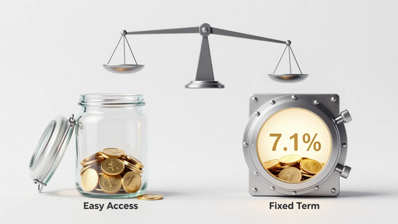 Glass jar vs steel vault illustrating easy access vs fixed term savings