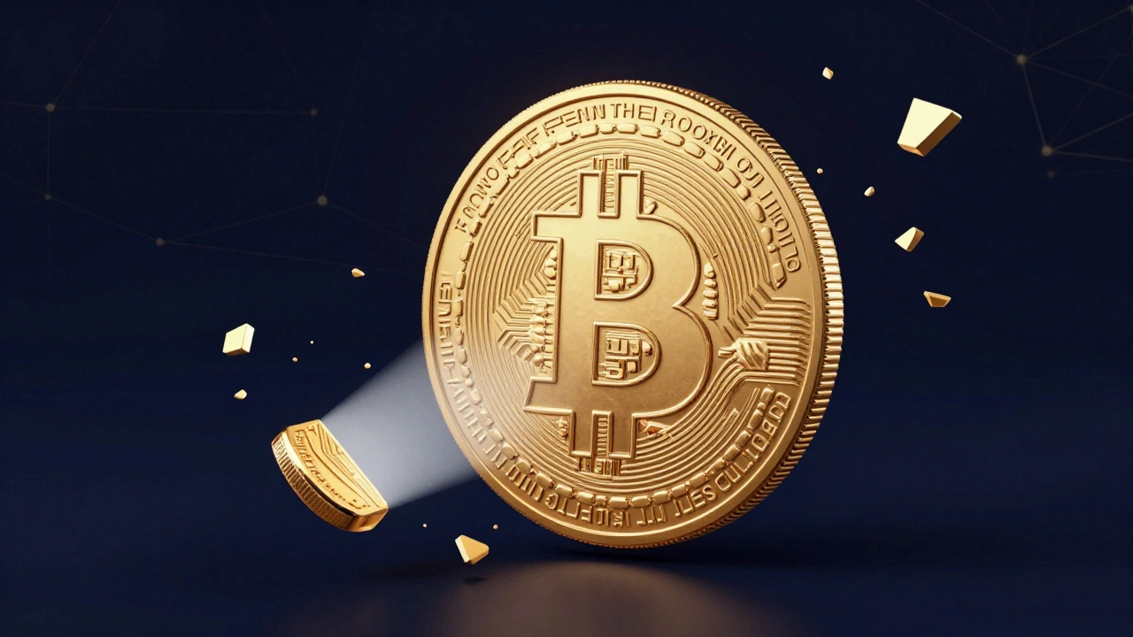Golden Bitcoin split into tiny glowing fragments