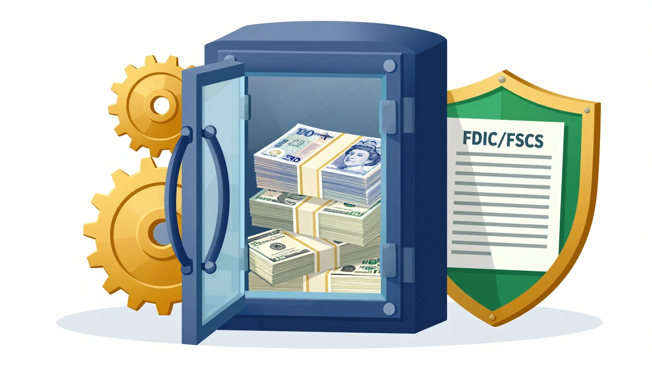 Golden shield protecting money inside a transparent glass vault