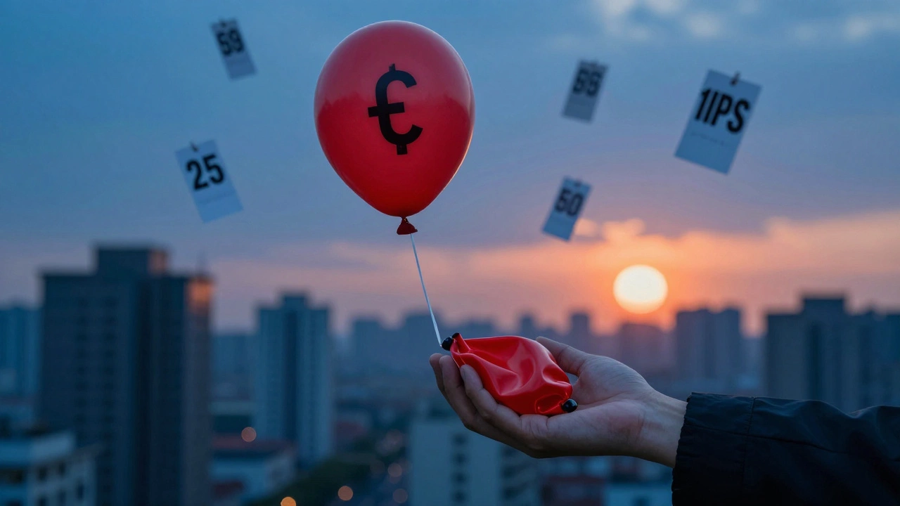 Hand holding a deflating balloon against a backdrop of rising prices