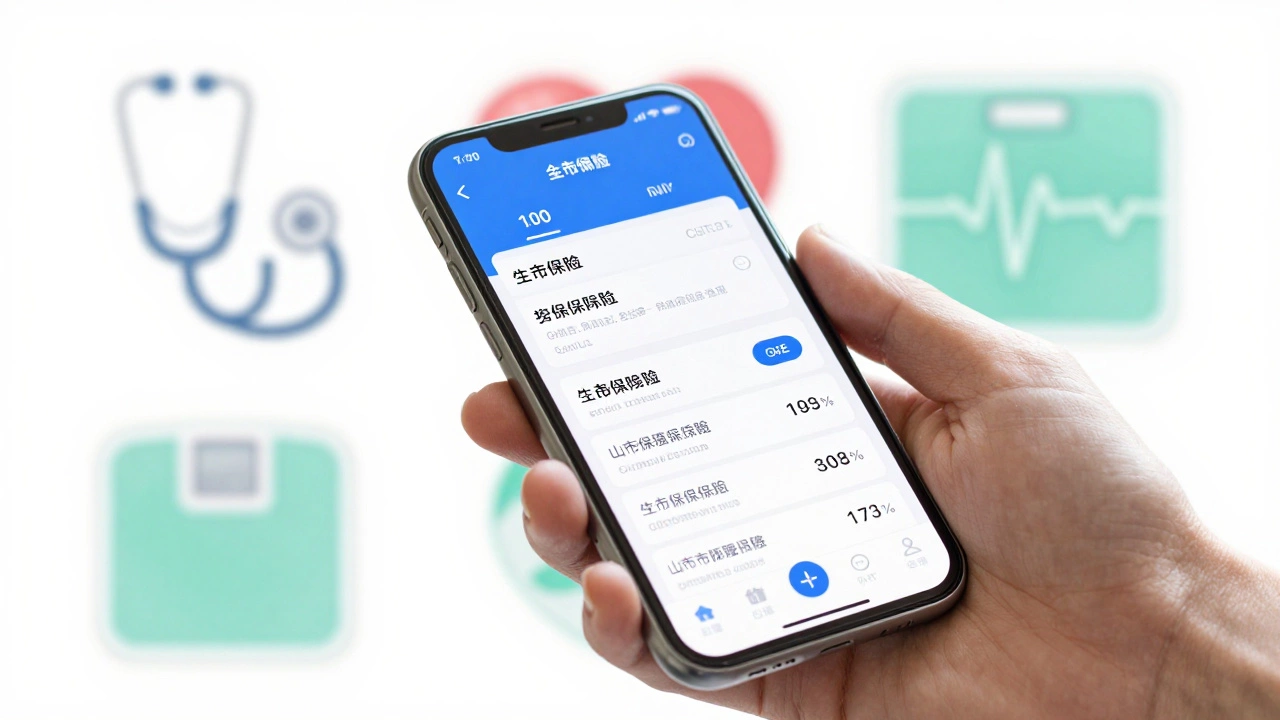 Hand holding phone comparing insurance quotes with health icons