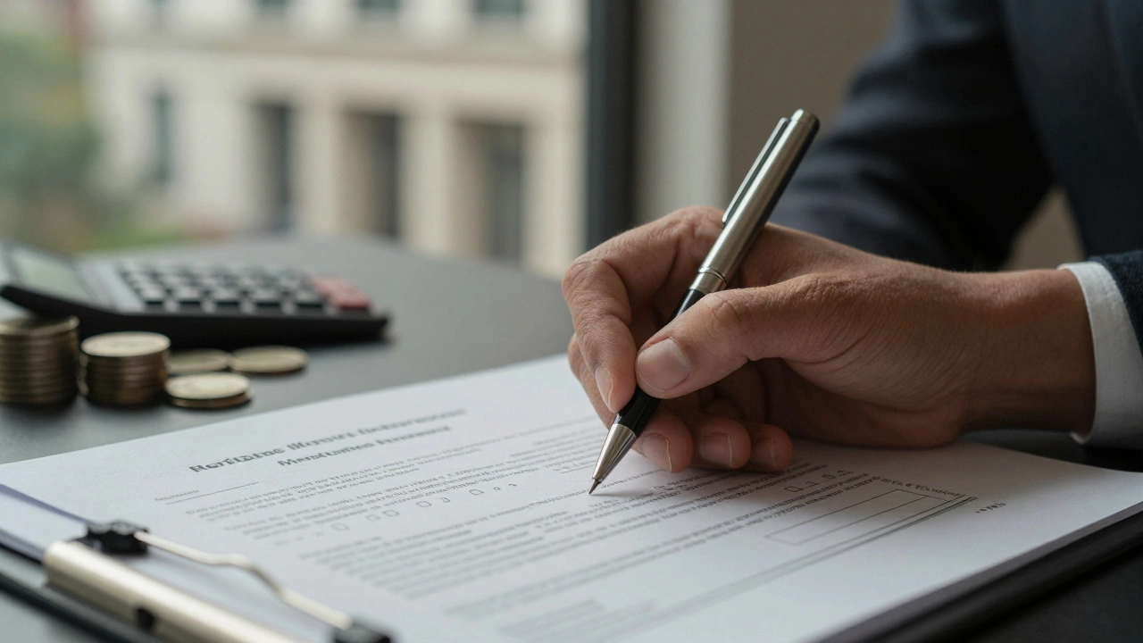 Hands signing mortgage documents with bank in background
