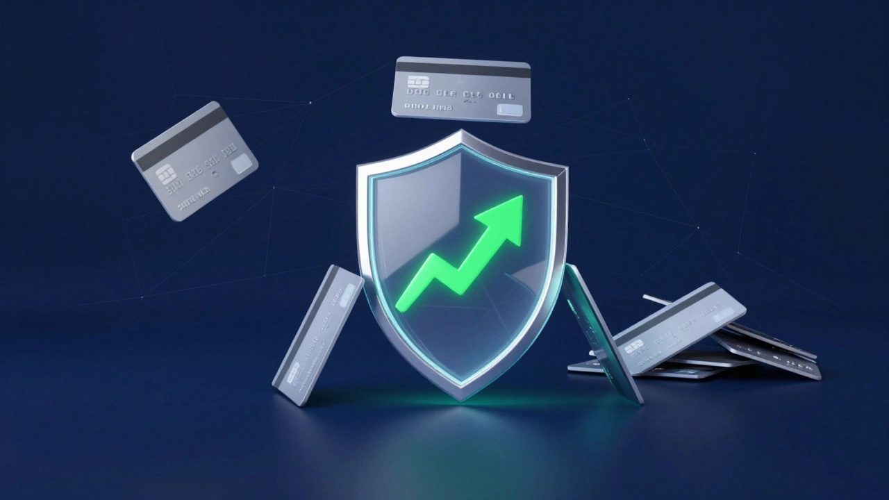 Illustration of optimal credit card count boosting a credit score shield