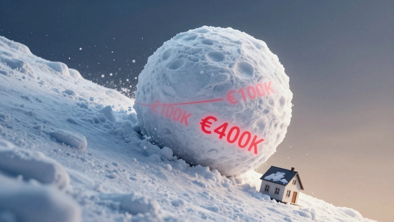 Metaphorical snowball of compound interest growing large enough to overwhelm a small house model.