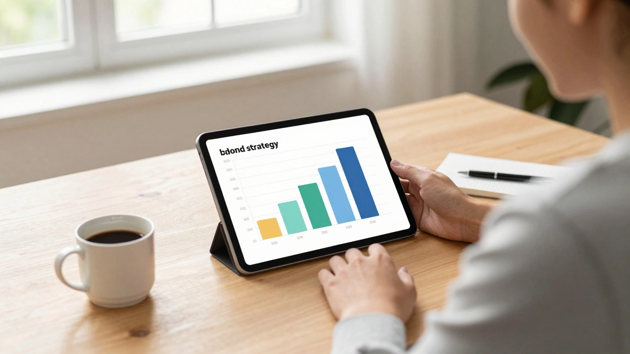 Person reviewing laddered bond strategy on tablet at home desk