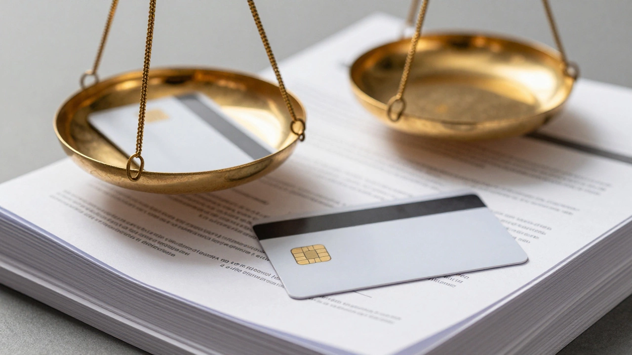 Scale balancing complex paperwork against a single simple credit card.