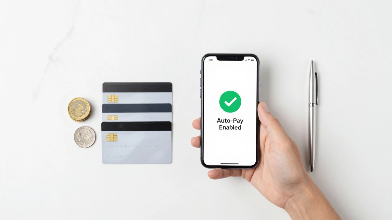 Smartphone with auto-pay enabled next to three organized credit cards