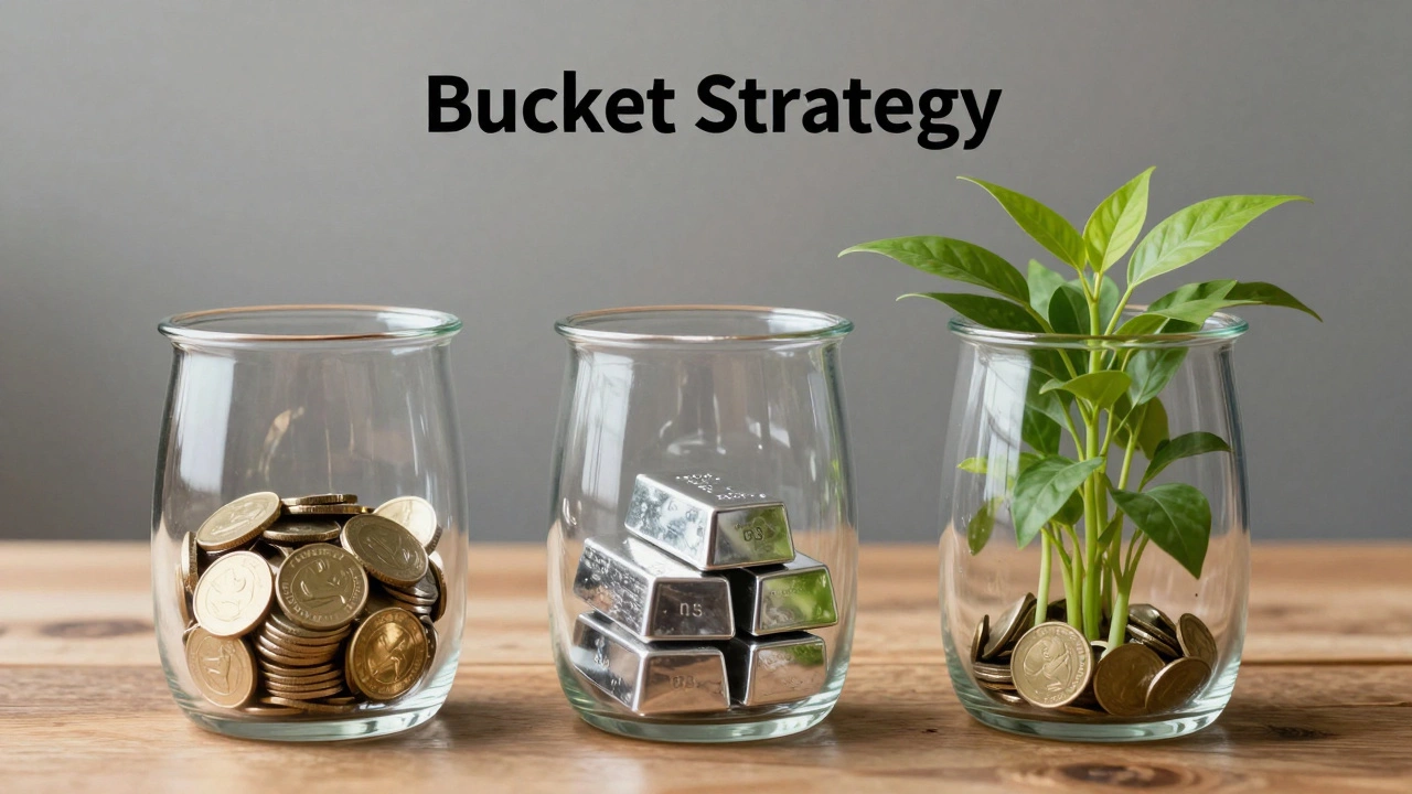 Three glass vessels with coins, bars, and plants representing investment buckets.