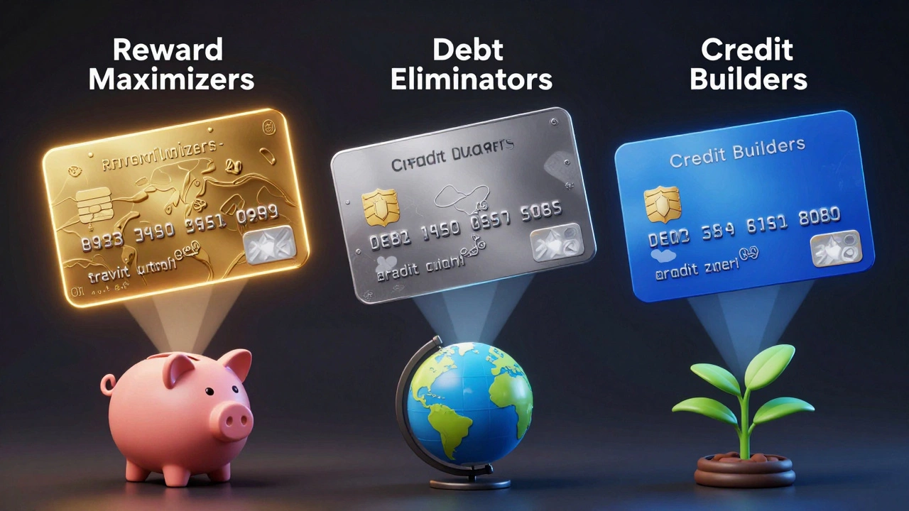 Three stylized credit cards representing debt, rewards, and credit building personas.