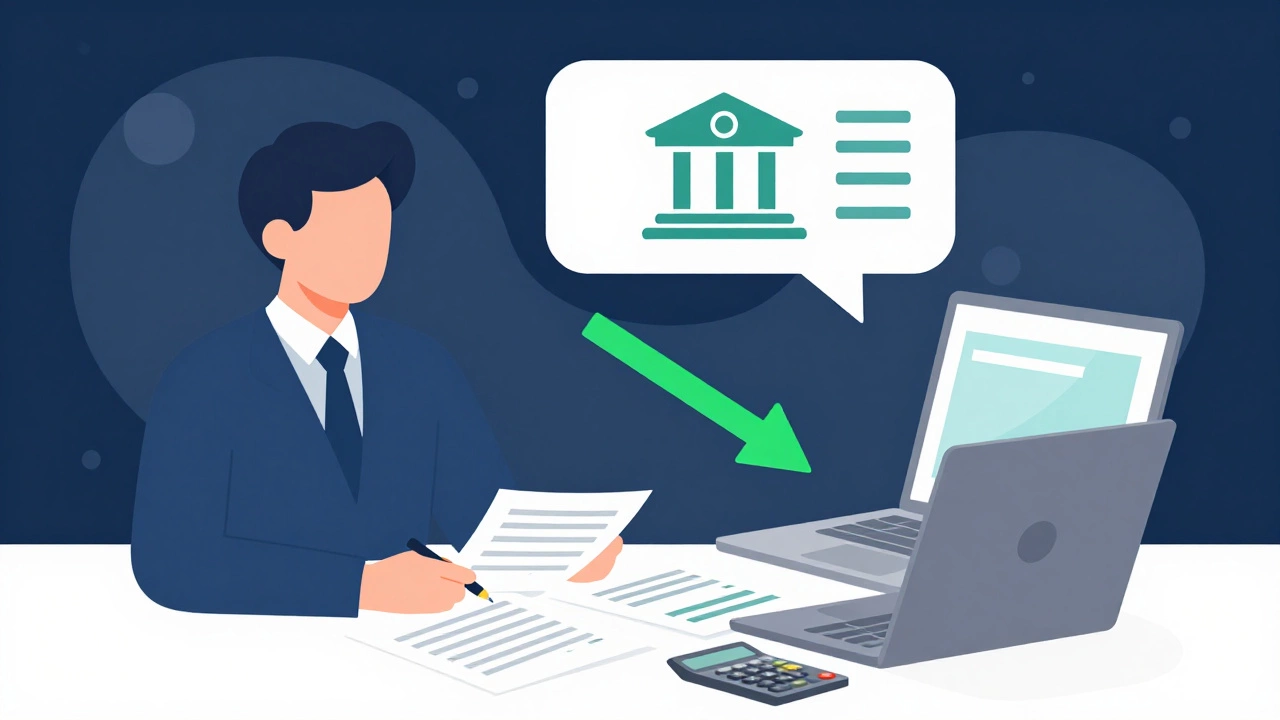 Vector illustration of a person negotiating a debt settlement with organized documents