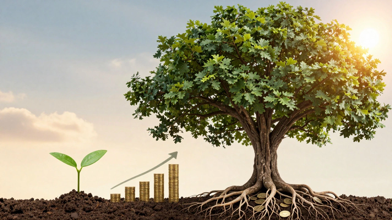 A small seed growing into a giant oak tree, symbolizing compound interest over time.