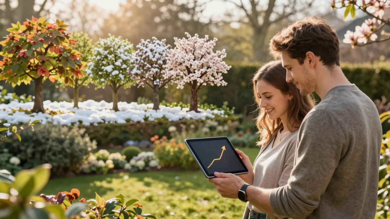 Couple viewing investment growth on tablet in a sunlit garden