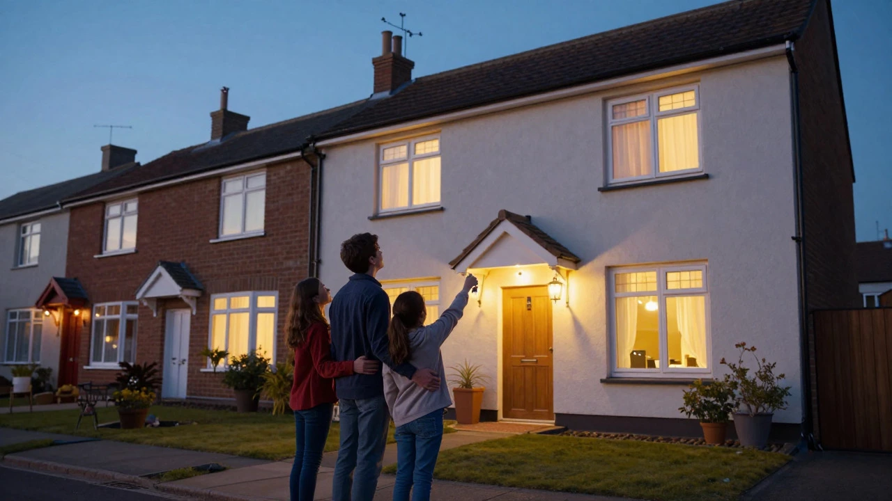 Family standing outside their new home at twilight with warm lights inside.