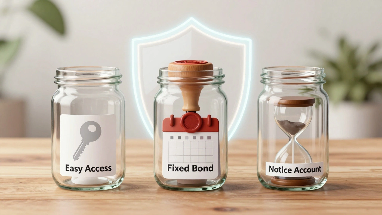 Glass jars illustrating easy access, fixed, and notice savings accounts