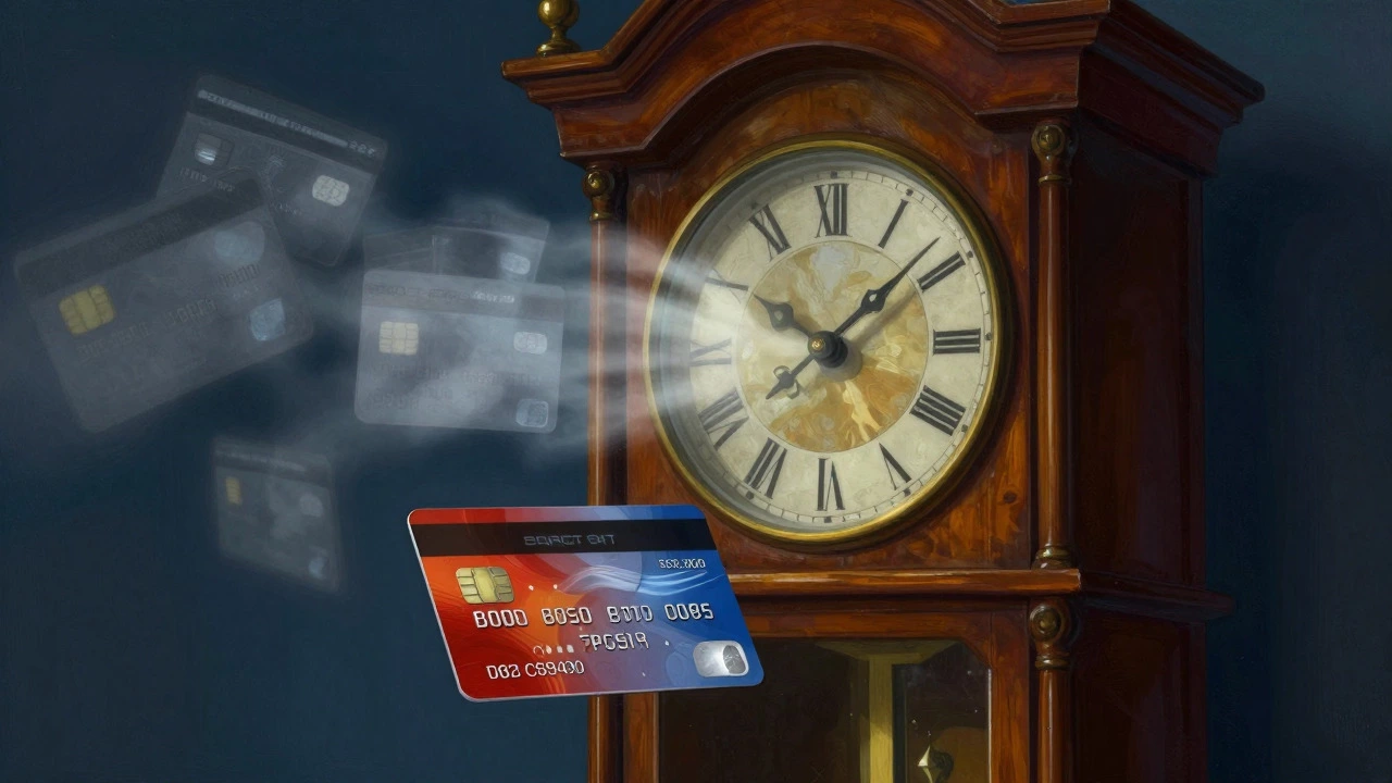 Grandfather clock with fading old cards and one solid new card symbolizing account age