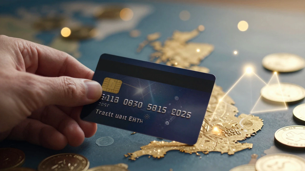 Hand holding a card with golden coins and abstract shapes
