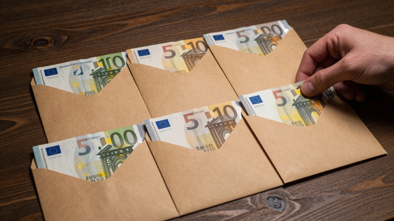 Hand placing Euro cash into labeled paper envelopes