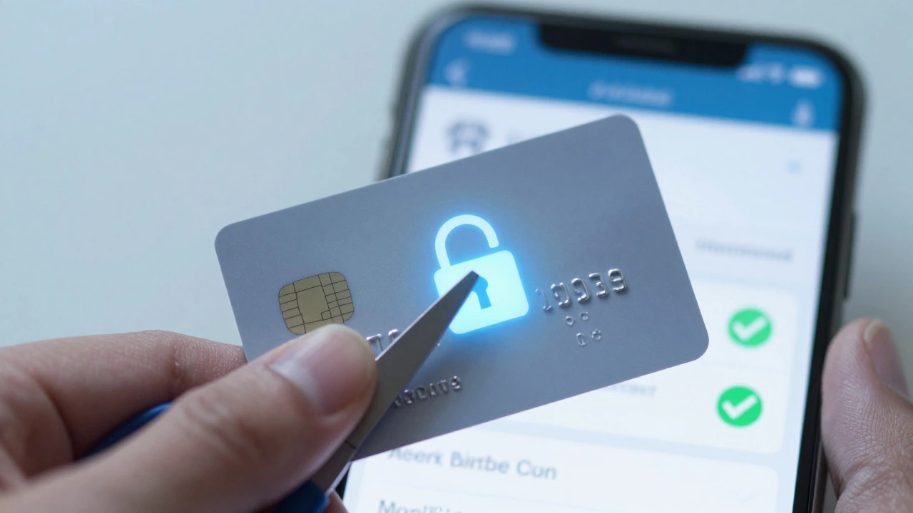 Hand securing a credit card with a digital padlock hologram for fraud protection
