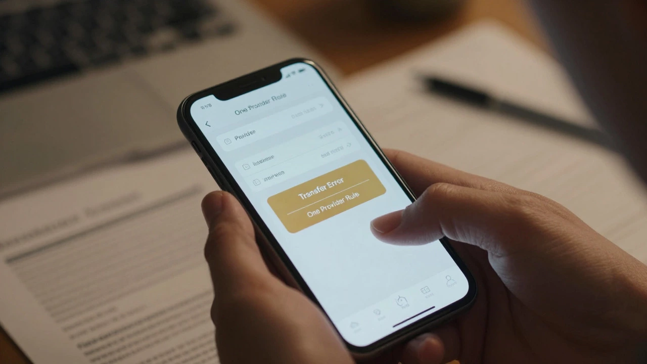 Hands hesitating over a phone screen showing financial transfer errors