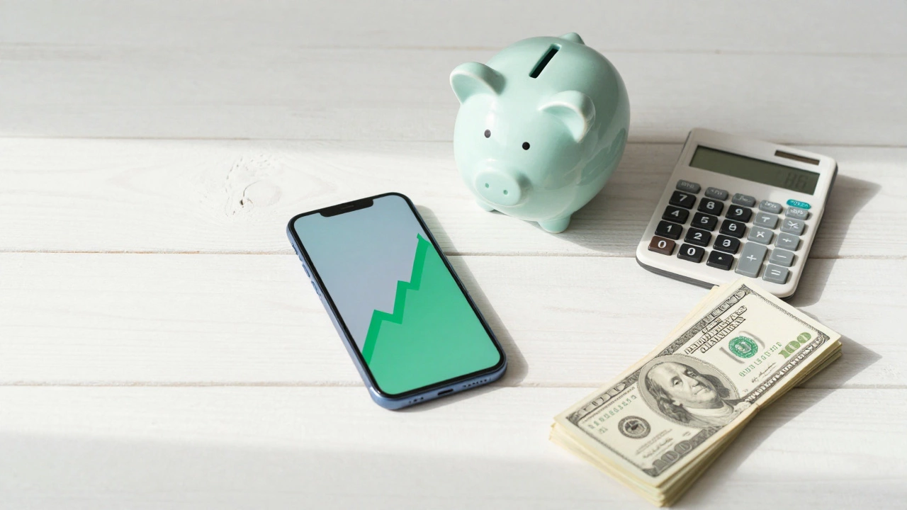 Minimalist flat lay of finance tools and cash on a table
