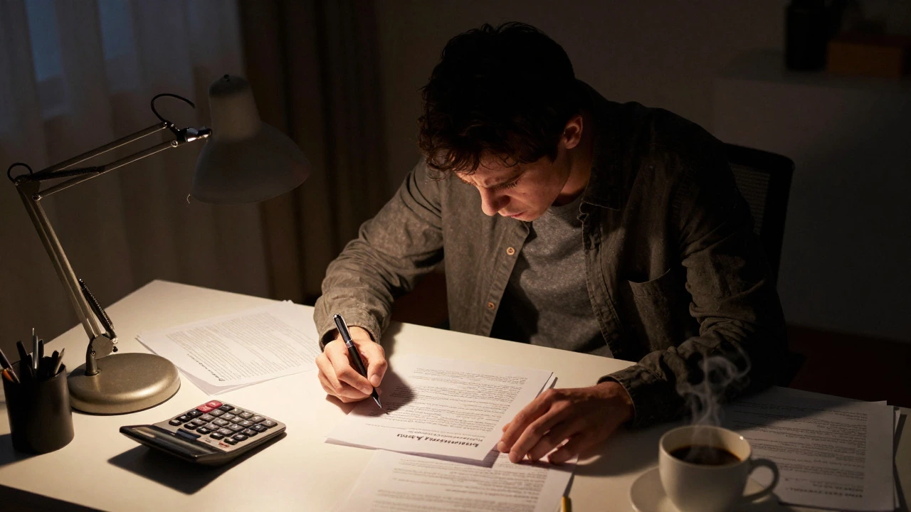 A stressed person working on documents at a desk under a warm lamp in a dark room