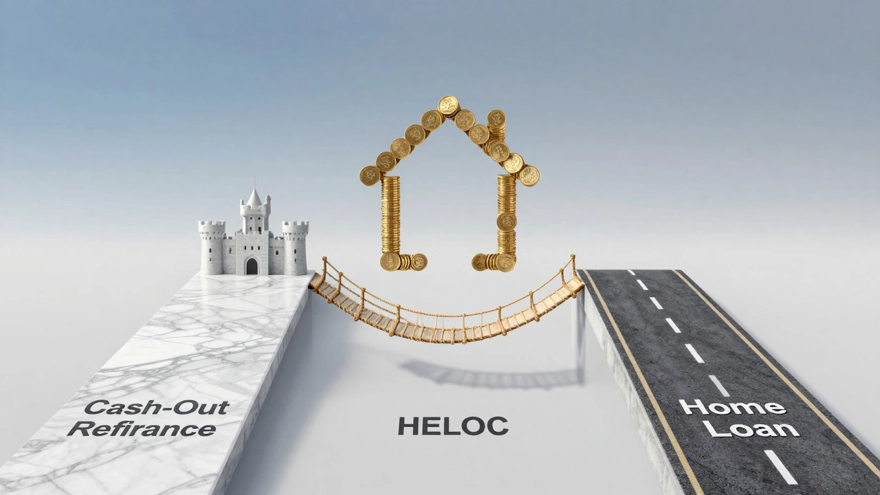 Abstract illustration of three different financial paths diverging from a house icon