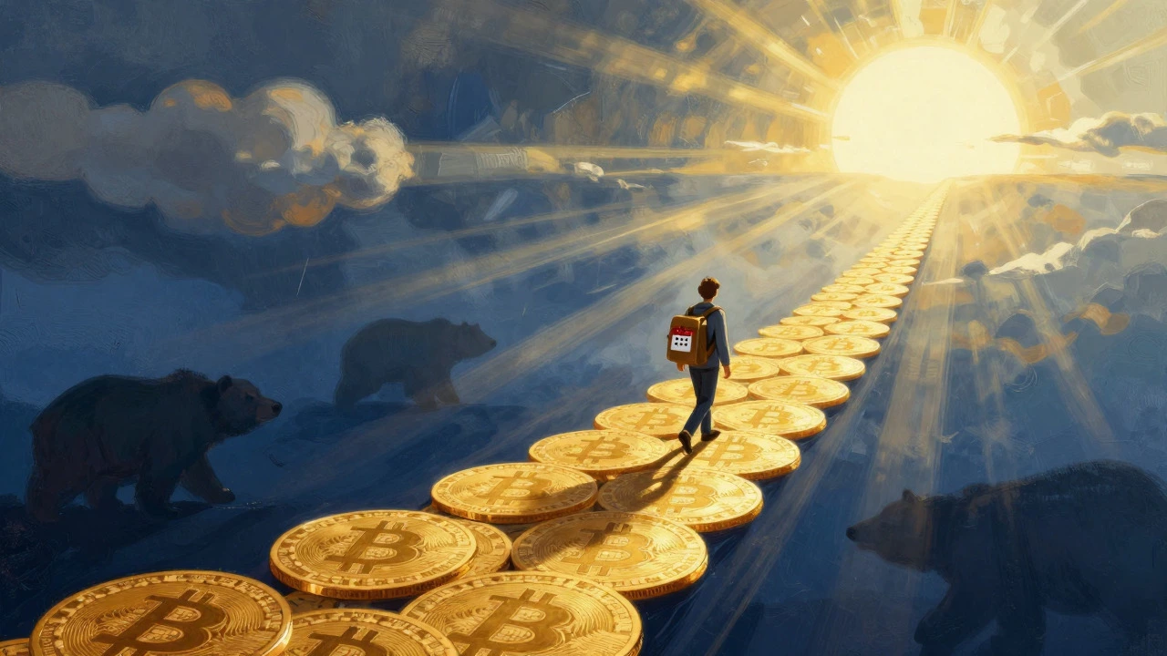 Abstract path of Bitcoin symbols showing long-term investment journey