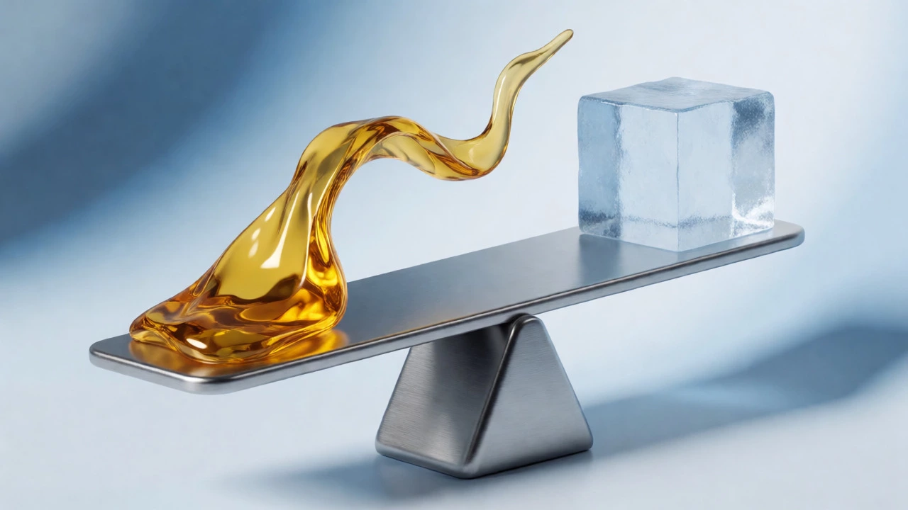 Balance scale comparing fluid money and solid ice blocks