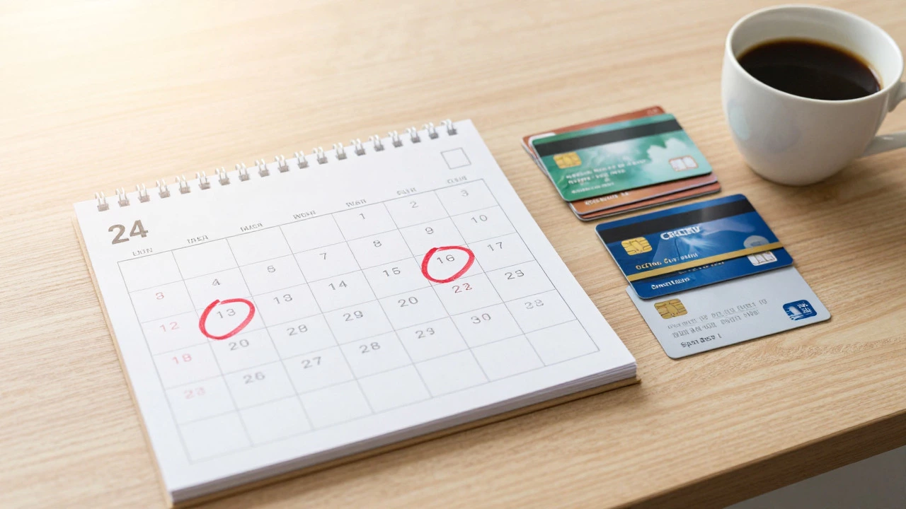 Calendar with circled dates and credit cards on desk
