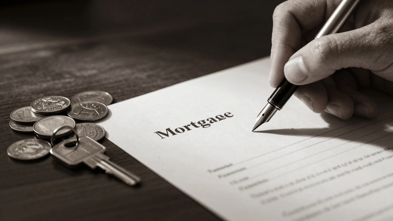 Close-up of a hand with a pen hovering over a contract and house keys on a desk