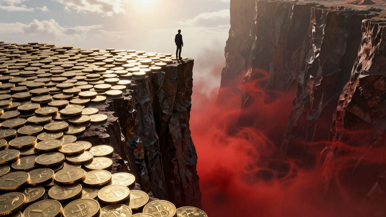 Conceptual art of a figure standing on a coin cliff edge