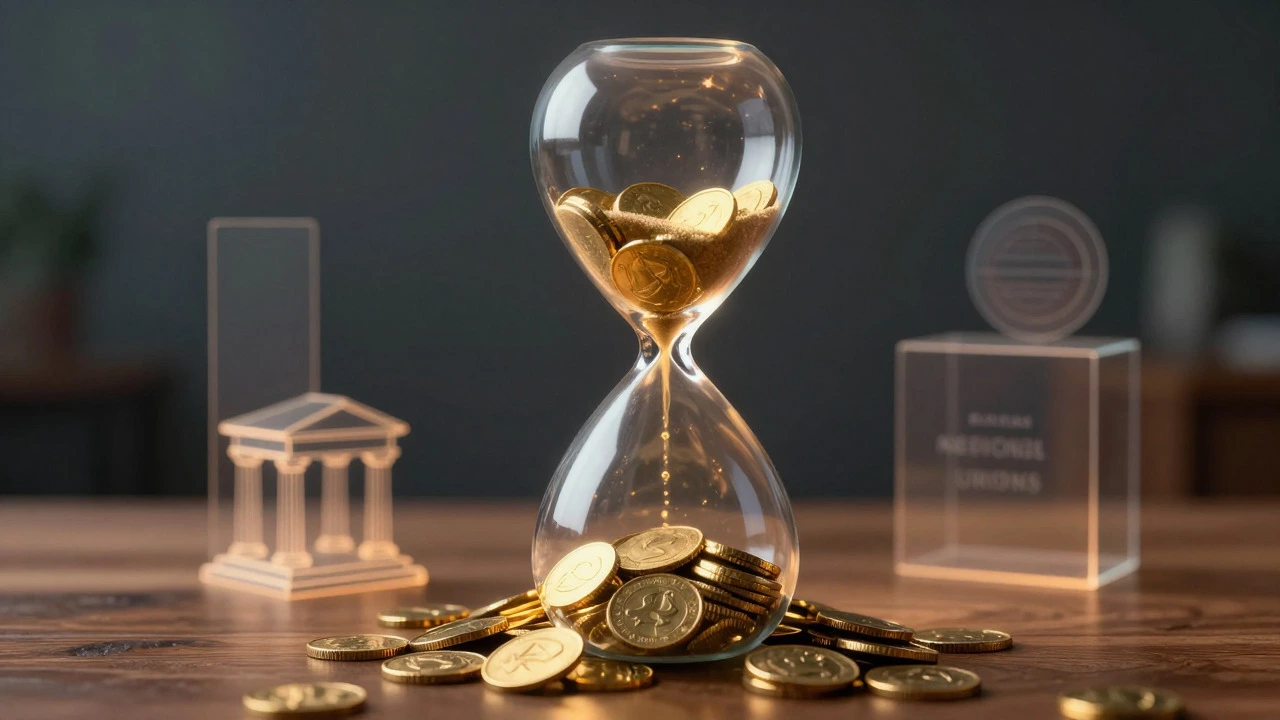 Conceptual art of an hourglass with coins representing loan interest accumulation