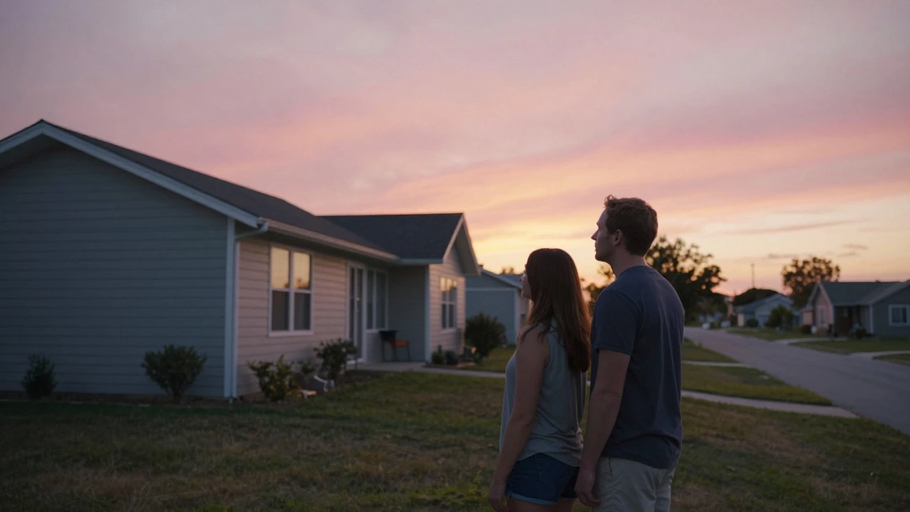 Couple standing on a porch overlooking a modest home at sunset
