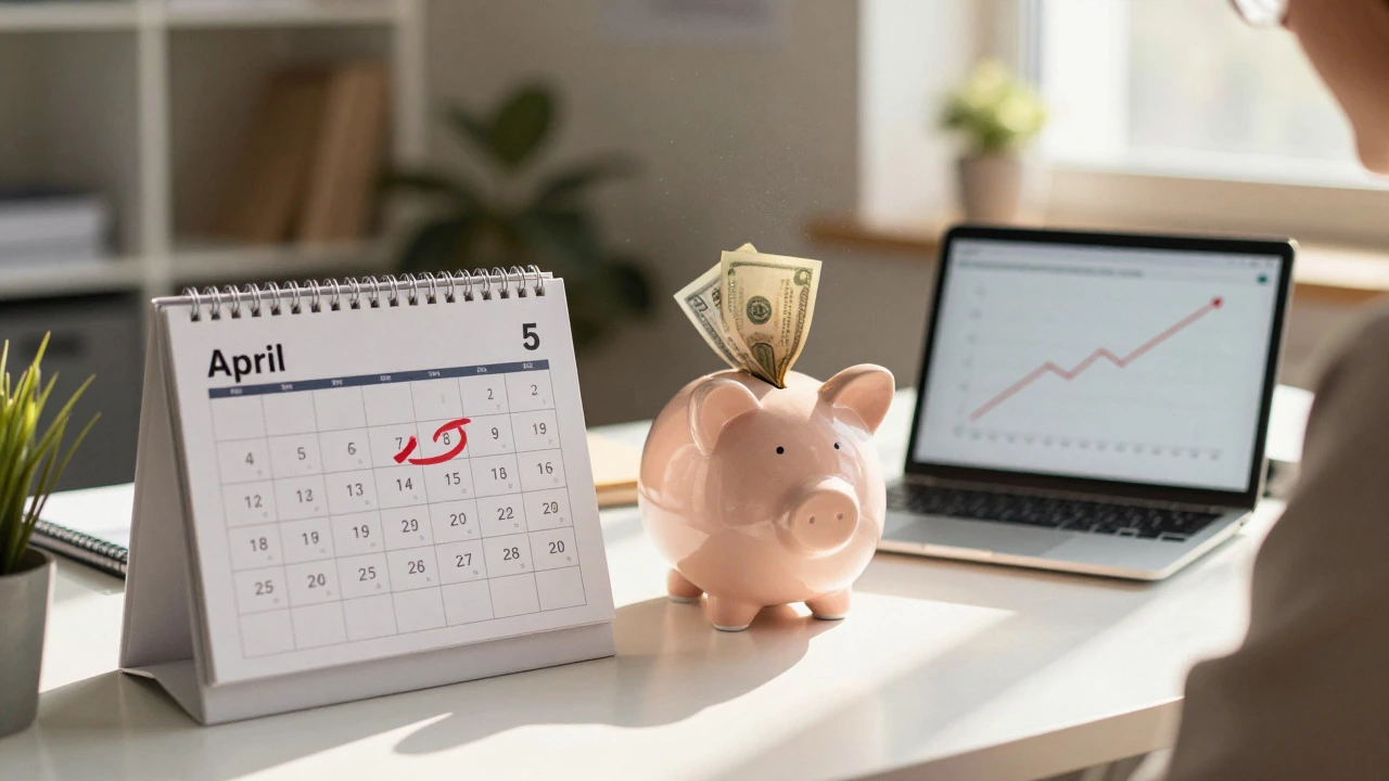 Desk with April 5 calendar and piggy bank for tax deadline