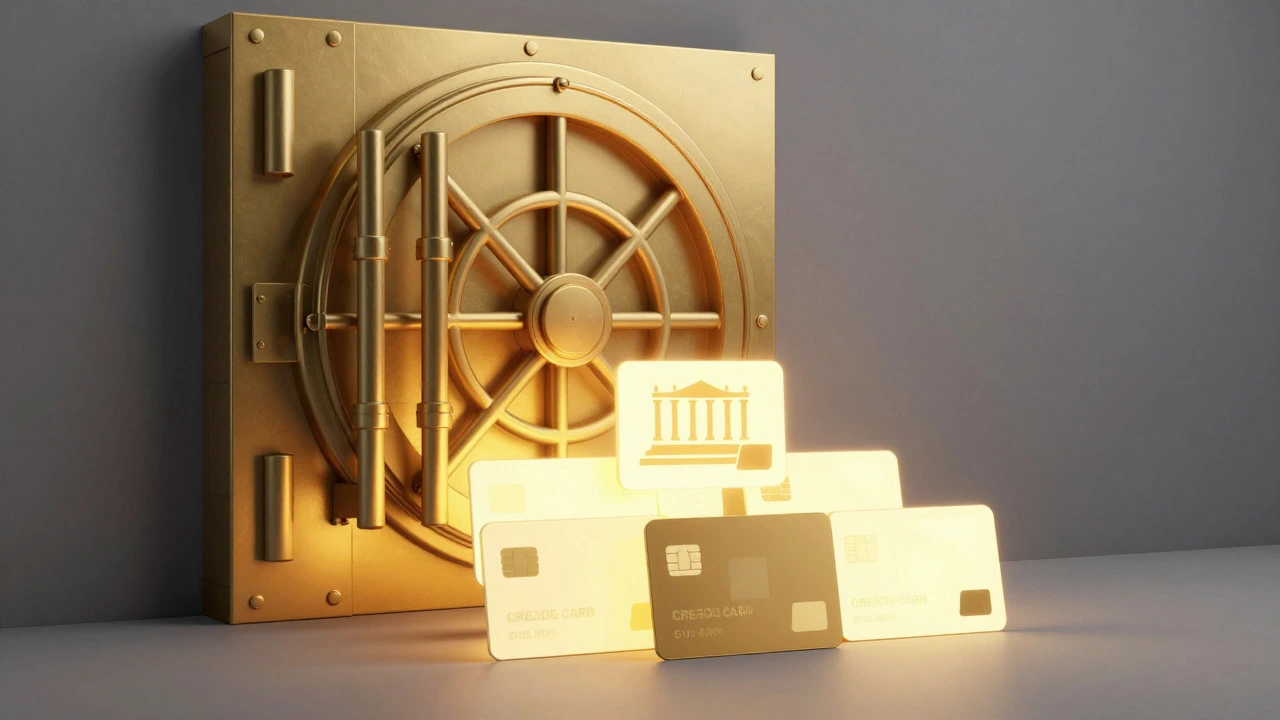 Golden vault door blocked by five credit card icons